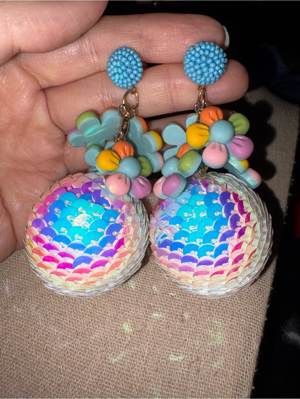 Multicolor Sequin Drop Earrings with Floral Accents